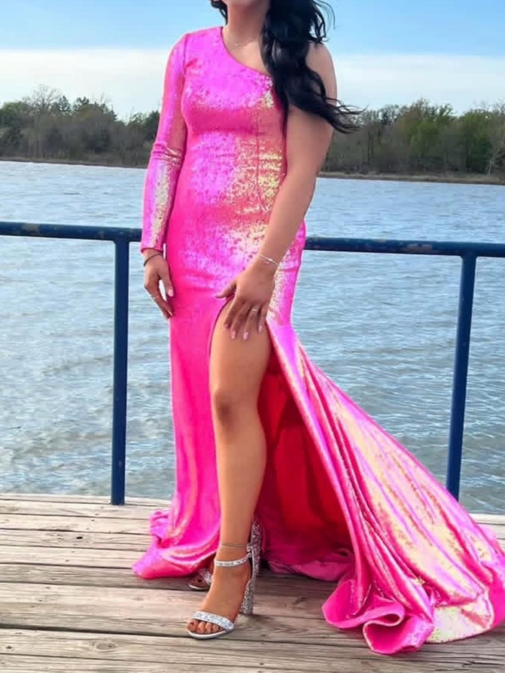 One-Shoulder Hot Pink Sequin Evening Gown